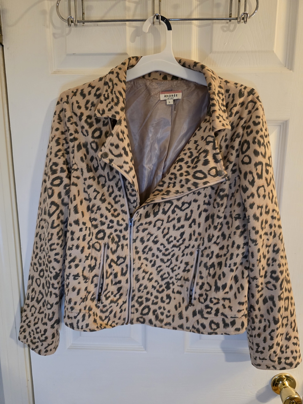 Andree Leopard Print Moto Jacket in Beige